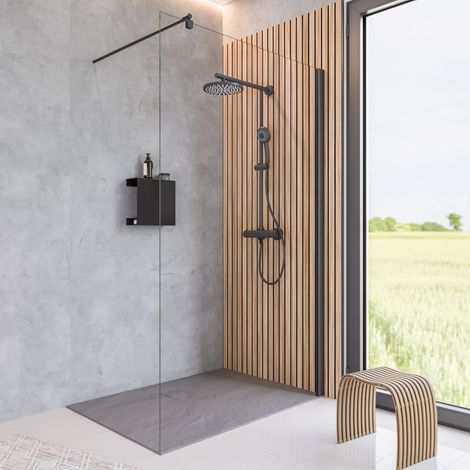 Paroi de douche à l'italienne, profilé noir, paroi fixe Walk In style industriel, NewStyle Atelier Schulte, verre transparent 6mm, 140 x 200 cm anticalcaire