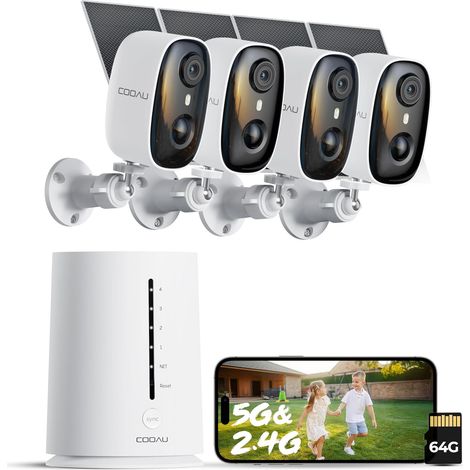 4MP Camera surveillance wifi exterieure sans fil solaire, Stockage Local 64 Go, Kit Caméras avec Base, Vision Nocturne Couleur, WiFi 2.4/5GHz, intérieur et extérieur, IP66 (1/5)