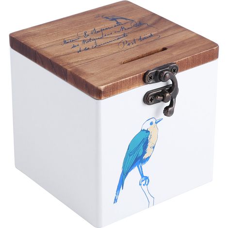 Tirelire en Bois Oiseau Bleu - Coffre à Monnaie Boîte de Rangement pour Pièces et Billets, Conteneur en Bois Décoratif avec Motif Oiseau (1/5)