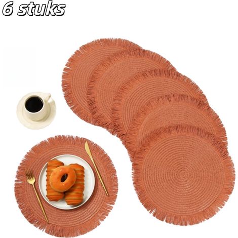 Lot de 6 sets de table ronds tissés résistants à la chaleur pour mariage fête dîner et décoration de table couleurs orange et rouge (1/5)