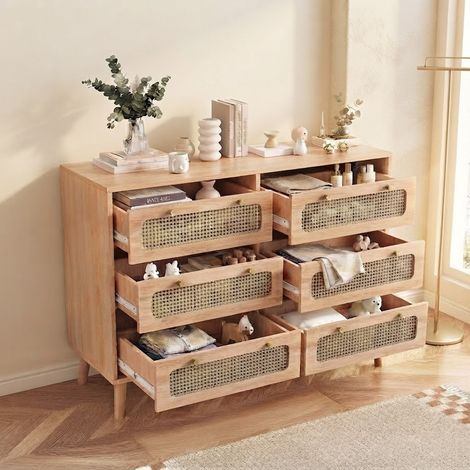 Commode 100 x 34 x 73 avec 6 tiroirs en rotin tressé - Buffet - Salon/cuisine/salle à manger - Bois massif et MDF - Poignées dorées - Moderne/scandinave (1/5)