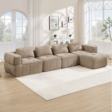 Sofá esquinero modular de 4 plazas con puff, espuma 32D, poliéster, arena DESVIAE (1/5)