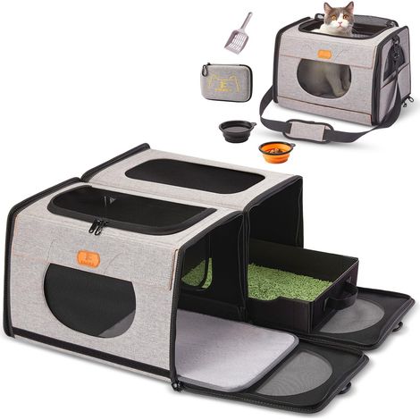 Grand Sac de Transport pour Chat, litière de Voyage pour Chats, Cage Pliable pour Chien, Une pour litière et Cage Souple pour Chat 2 en 1, Sac de Transport Double pour Animaux de (1/5)