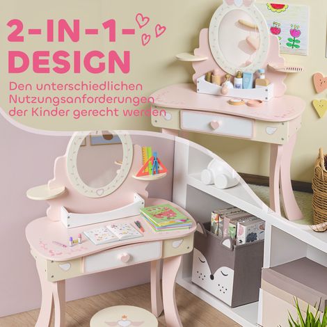 Table de maquillage enfant avec tabouret, tiroir et miroir amovible, bureau 2-en-1 en MDF rose, 7 accessoires inclus. (1/5)