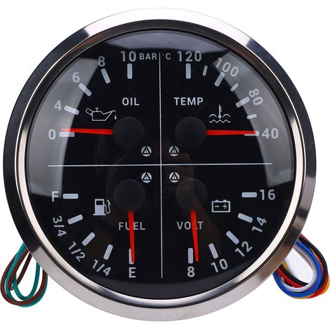 Indicatore 4 in 1 per livello carburante, pressione olio, temperatura acqua e voltmetro, attacco 3/8 pollici E 1/4 1/2 3/4 F, da 0 a 10 bar, 40-120 °C, 8-16 V, per camper, yacht, camion, quadrante ner (1/4)