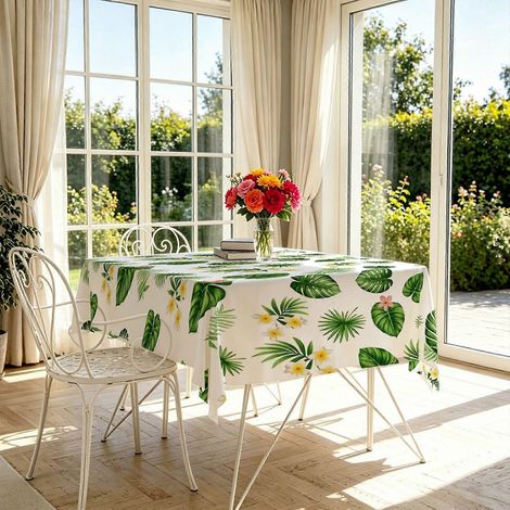 Nappe rectangulaire à motif de feuilles tropicales et de monstera (1 pièce), nappe de salle à manger sur le thème du solstice d'été, nappe résistante et facile à nettoyer pour la décoration estivale d (1/4)