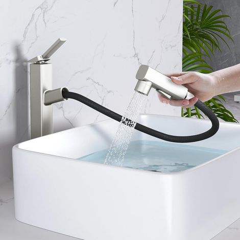 Mitigeur de lavabo avec douchette extractible, 3 modes, finition nickel brossé (1/5)