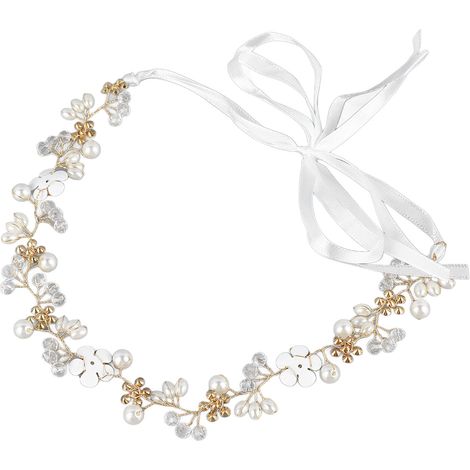 Diadème de Mariée Strass Perles Fausses Pendentif Fleur Feuille Accessoire Cheveux Or (1/5)