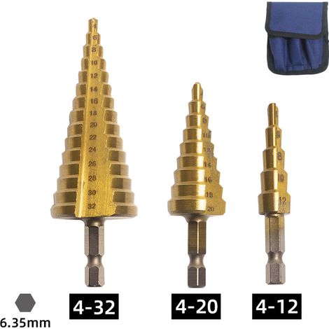 Set di 3 punte da trapano a gradini metriche, set di punte da trapano a gradini in acciaio rapido (metriche 4-12 mm, 4-20 mm e 4-32 mm), punte coniche per metallo, adatte per plastica, legno, lamiere 