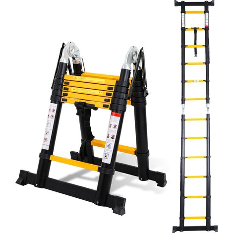 Jiubiaz Escalera telescópica negra Pro 3,8 m 150 kg, patas antideslizantes