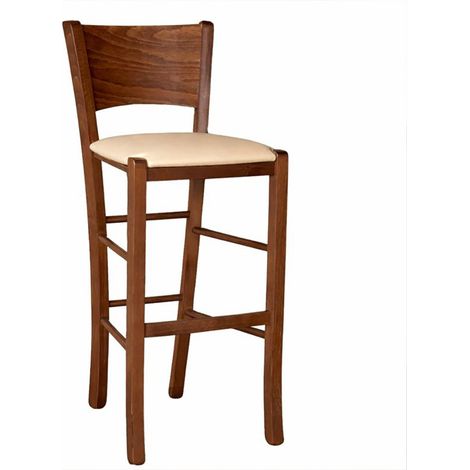 Sgabello alto bar lucy in legno noce scuro h 73 con seduta in ecopelle beige