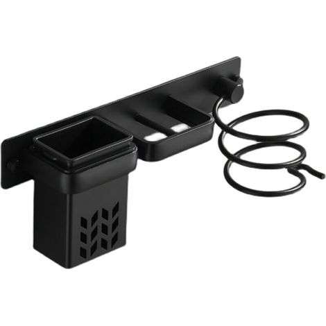 Support mural de salle de bain pour sèche-cheveux et accessoires, organisateur en aluminium avec étagère et trous. Argenté et noir.