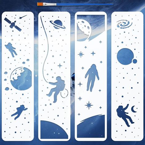 4 Pcs Pochoirs de Bordure Astronaute Spatial avec un Pinceau 30x7,5cm Pochoirs de Peinture de Fond de Bord de Livre Gabarit de Bordure PET Thèmes PET pour Bois Sol Mur Tissu Meuble DIY (1/5)