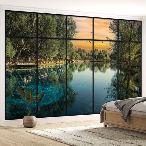 Papier peint panoramique Trompe l'oeil Verrière - Lac et arbres - 130 cm x 82 cm (1/5)