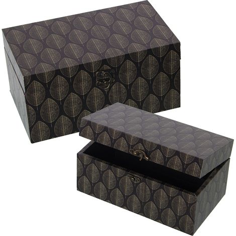 Lot de 2 Boites Décorées Bois Dm/Toile Polyester Noir Feuilles 30X18X15+24X14X12 Cm (1/2)