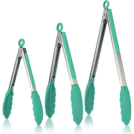 Küchenzangen-Set, 3er-Set, Grillzangen aus 18/8 Edelstahl, Küchenutensilien mit Silikongriff, hitzebeständig bis 315 °C, antihaftbeschichtete Buffetzange, BPA-frei (Blaugrün)
