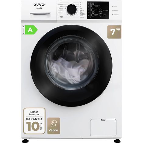 EVVO Lavadora 7 kg carga frontal Terra K7, 1200 rpm, Clase energética A, 15 programas, Función vapor Steam Wash, Lavado Rápido 15’, Inicio diferido, Blanco