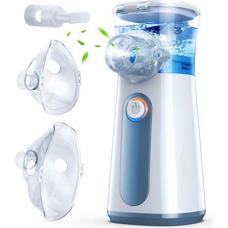 Inhalador portátil para adultos y niños, silencioso y ajustable, con boquilla y 2 mascarillas, 3 velocidades, USB-C y batería recargable, color gris.