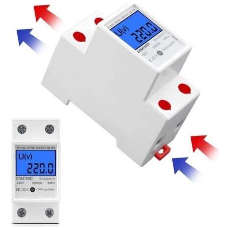DDM15SD Compteur Energie Monophas, Compteur Electrique 50 Hz 5 (80) A Max Modulaire, Compteur Electrique 1 Phas 2 Ples Rail DIN avec Affichage LCD, Compteur de Courant Alternatif, (1/4)