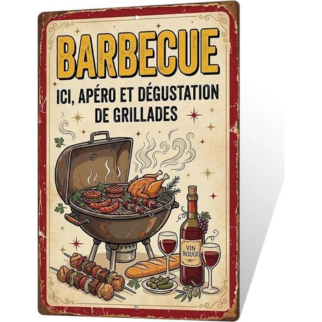 Aluminium Sign "Barbecue Ici apéro tasting de grillades", metal sign vintage summer kitchen, wall decoration terrace garden pergola, illustration red wine grill, BBQ sign (1/5)