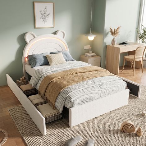 MODFU – Cama infantil 90x200 cm de terciopelo con LED por app, 4 cajones, cabecero de oso y carga 220 kg – Beige (1/5)