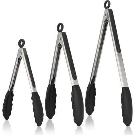 Lot de 3 Pinces Barbecue en Acier Inoxydable Ustensiles Cuisine avec Poignée SiliCône Résistante à La Chaleur Pince Buffet Anti-adhé, sans BPA (Noir)- (1/5)