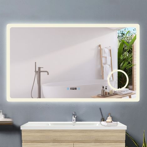 OCEAN Specchio da Bagno Antiappannamento con LED, Interruttore Tattile da Parete Dimmerabile 3 Colori, con ingrandire e Orologio(120x70 cm) (1/4)