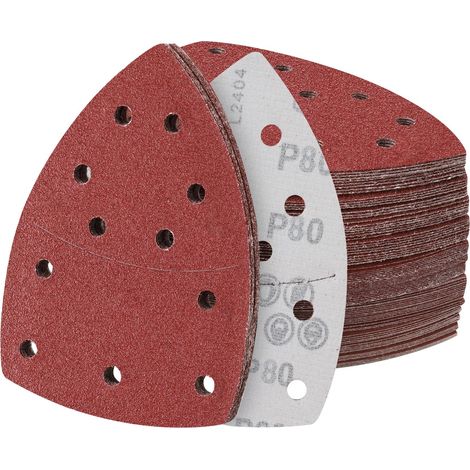 60 pièces Abrasif pour Ponceuse 152 x 105 mm Feuille abrasive triangulaire, 11 trous avec crochets et boucles Grain 80 à Abrasif pour Ponceuse électrique Bois Métal Plastique (1/5)