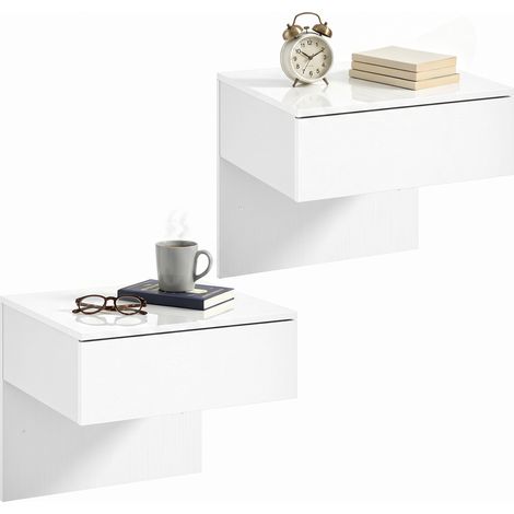 HOMCOM juego de 2 mesitas de noche flotantes con cajón, montado en la pared, diseño moderno, para dormitorio, 40x35x36,2 cm, blanco brillo
