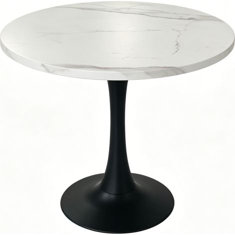 Tavolo da pranzo rotondo 80 cm effetto marmo bianco con base in metallo nero MDF (1/5)