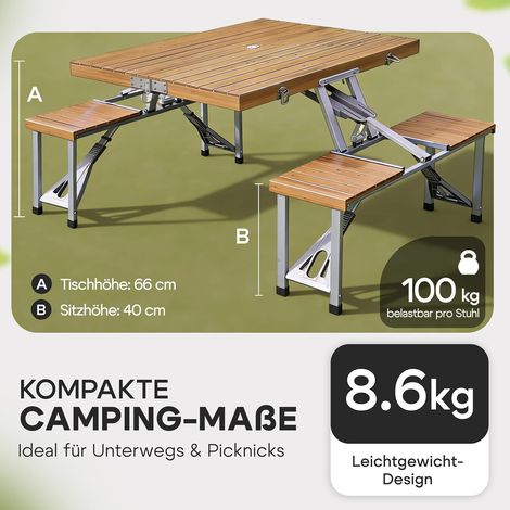 Set de table pliante et 4 sièges – Plateau bois – Cadre aluminium – Fonction valise – Trou pour parasol – 8,6 kg – Idéal pour camping et pique-nique (1/4)