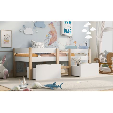 Lit enfant avec tiroir et barrière anti-chute, bois massif de pin, 90x200 cm, blanc et chêne (1/5)