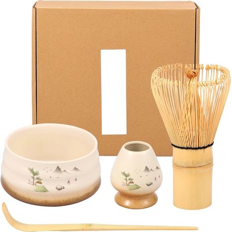 Ensemble d'ustensiles à matcha avec bol en céramique, fouet en bambou, support et cuillère, kit de préparation complet (1/5)