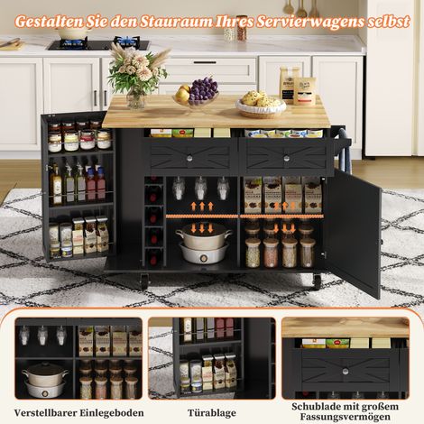 Îlot central de cuisine noir avec plan escamotable, 5 roues freinées, rangement porte-bouteilles, porte-gobelets et clayette, dimensions 120x45(70)x89 cm. (1/5)
