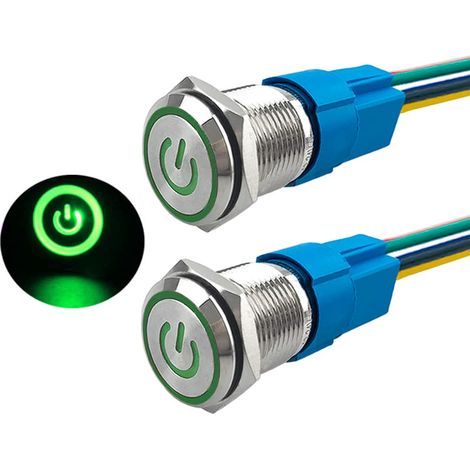 2 Pièces 16 mm Commutateur Bouton-Poussoir Auto-Bloquant, 12V / 24V 5A Interrupteur à Bouton-Poussoir en Acier Inoxydable Étanche IP67, avec Prise Pré-Câblée (LED Vert) (1/5)