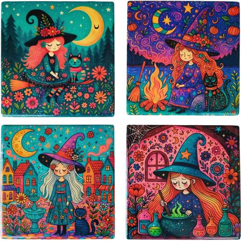 Set de 4 posavasos de cerámica con brujas ilustradas 11 cm (1/2)