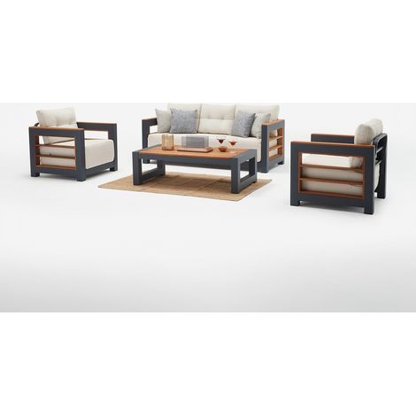 Juego de salón de jardín de aluminio y madera con mesa auxiliar Larix