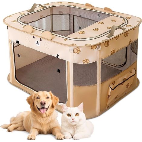 (Ours Marron, L) Parc pour Chien Pliable, Enclos Portable pour Chiot Chat Lapin, Tente Respirante d’Intérieur/Extérieur avec Sac de Transport, Idéal pour Voyage et Camping. (1/5)