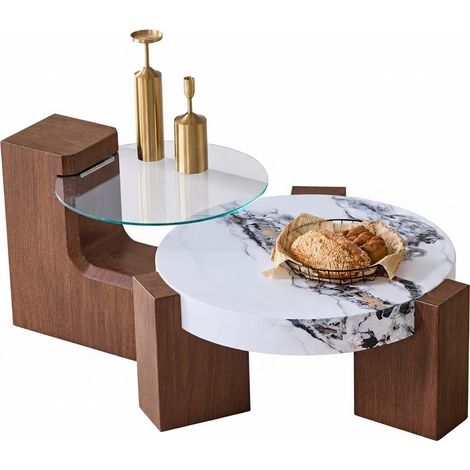 ELVMI Tables Basses Gigognes avec 2 Plateaux Séparables, Plateau en Verre, pour Salon, en MDF, Noyer et Blanc (1/5)