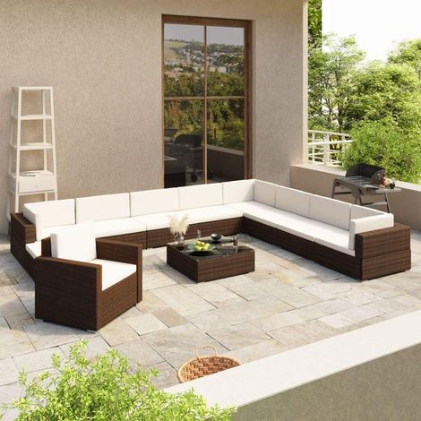 Set muebles de jardín y cojines 12 pzas ratán sintético marrón vidaXL