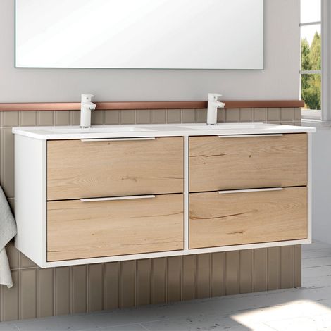 Meuble de salle de bain 120cm double vasque - 4 tiroirs - sans miroir - Blanc/Roble - ALBA (1/2)