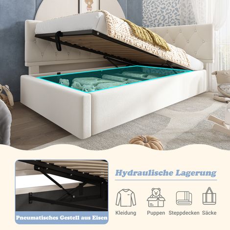 Lit gigogne canapé 90x190 cm, banquette convertible avec coffre hydraulique, sommier bois, velours beige, cadre de lit enfant ado, sans matelas. (1/5)
