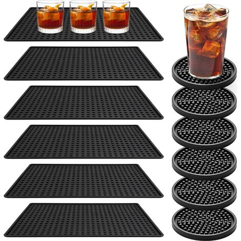 Lot de 6 tapis de service de bar - Noir - 30 x 15 x 1 cm - Avec 6 dessous de verre - Antidérapant - Séchage rapide - En silicone - Pour bar, club, cuisine, restaurant, comptoir, café (1/5)