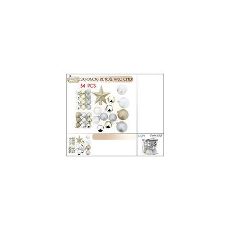 Kit de décoration pour Sapin de Noël Couleur Champagne de 33 boules de 4 à 8 cm AVEC ATTACHES + Un cimier de 15 cm.
