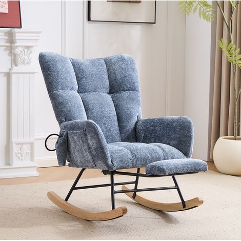 Sillón mecedor para dormitorio y salón, respaldo alto, almacenamiento lateral, reposapiés, chenilla - azul (1/5)