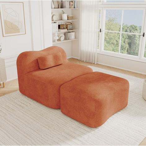 Canapé modulable en velours orange avec pouf, design ondulé sans cadre, assise profonde et coussin de dossier mobile, pour salon, appartement ou chambre – CHICFURN (1/5)