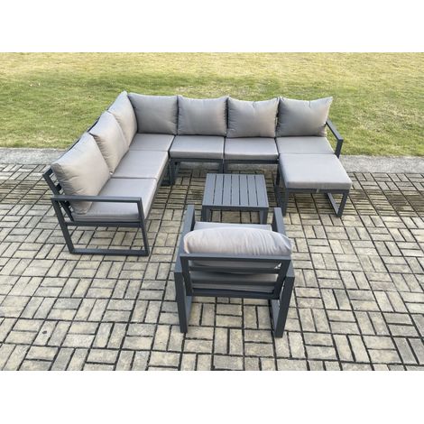 Fimous 8 Seater Aluminium Garden Furniture Set Outdoor Lounge Corner Sofa Chair Square Coffee Table Sets with Big Footstool Dark Grey (1/5)