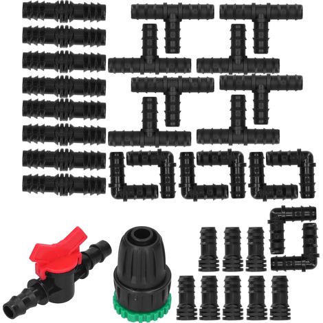 Kit d'irrigation goutte à goutte 34 pièces comprenant un adaptateur de robinet G1/2, un raccord en T et des accessoires d'arrosage. (1/5)