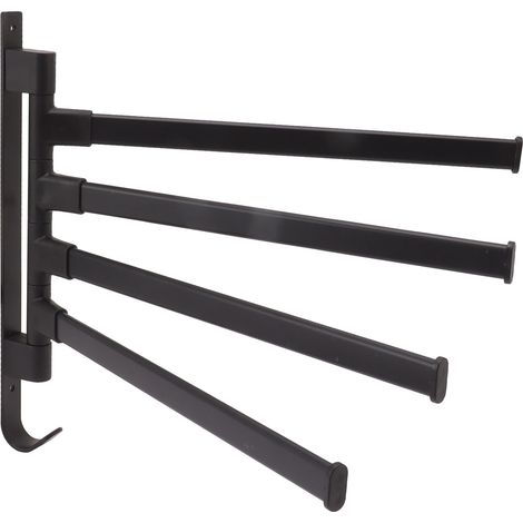 Porte-serviettes pivotant noir avec fixation murale sans perçage, 4 bras, support d'angle pour salle de bain (1/5)