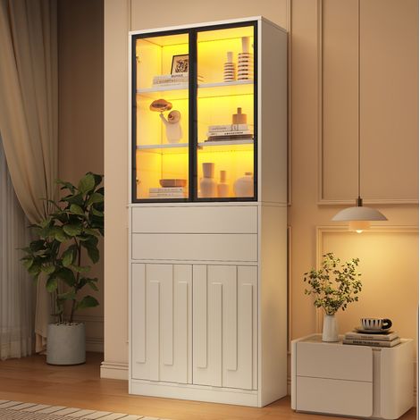 MODFU – Vetrina 70x34x180 cm bianco opaco con LED Bluetooth, 2 cassetti e 4 ante – Bianco (1/5)